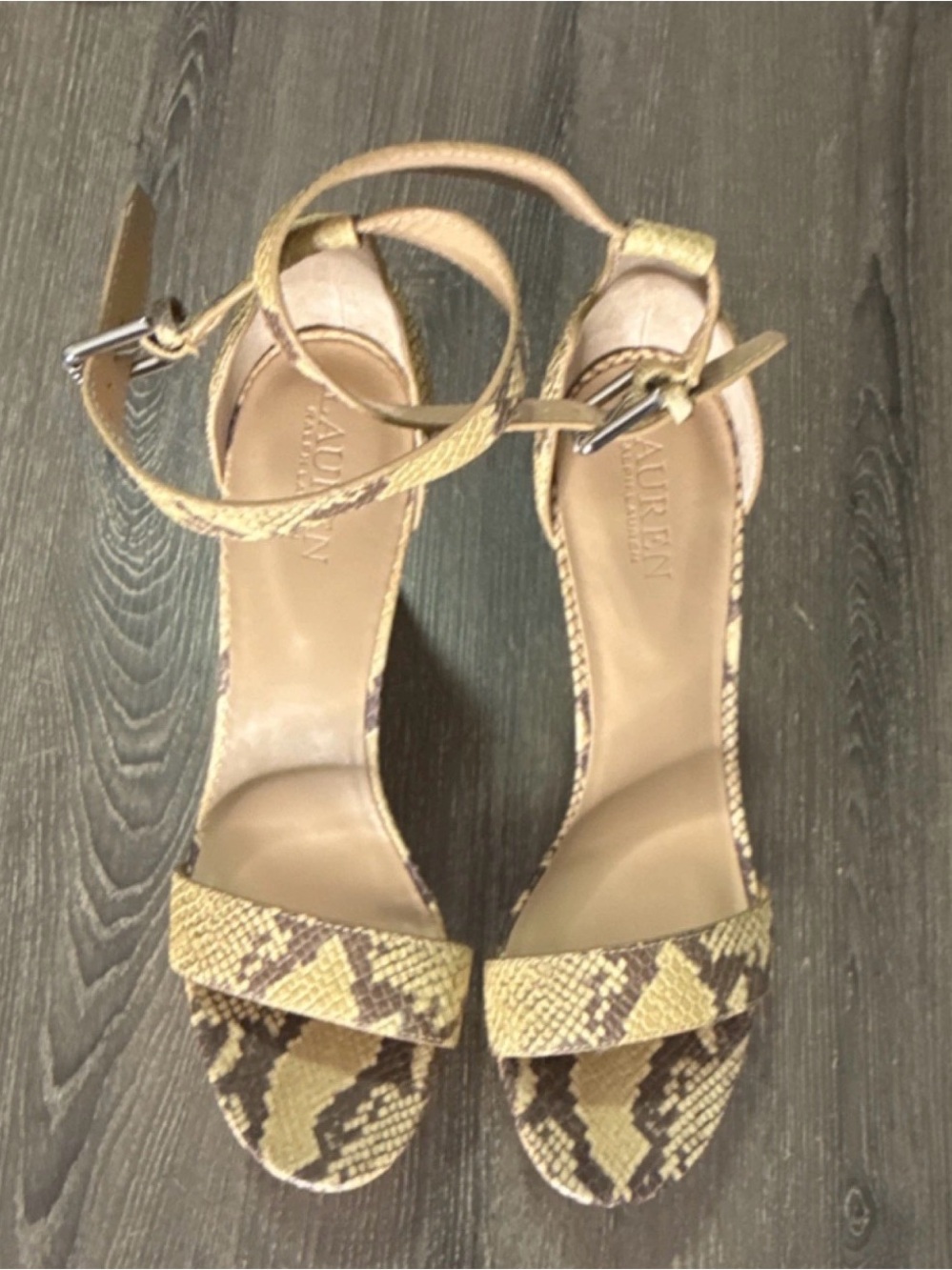 Ralph Lauren Yellow Snake-Print Ankle Strap Heels